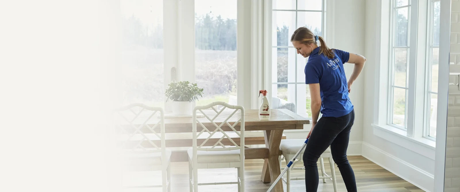 An AspenClean team member cleaning a bright dining room, from the official service photography